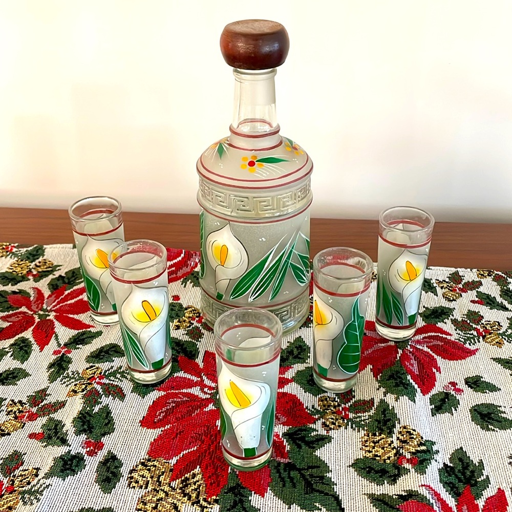 Tequila bottle with 5 matching shot glasses